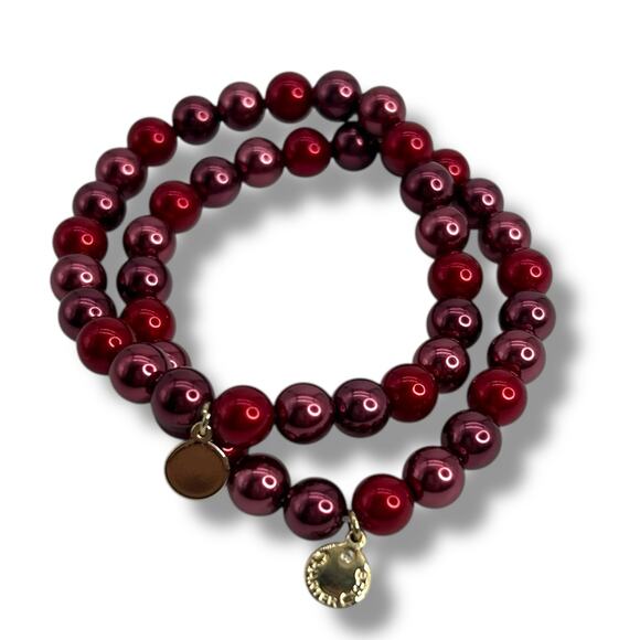 Charter Club 2 Piece Set Logo Charm Beaded Stretch Bracelets Dark Red Purple - Picture 1 of 8